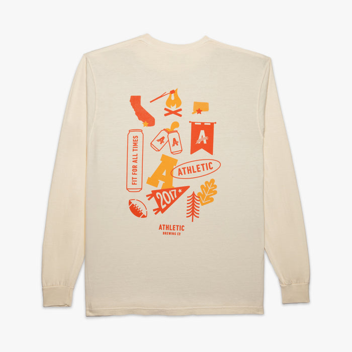Athletic brewing co, tan long sleeve t-shirt back photo with fall theme screenprint