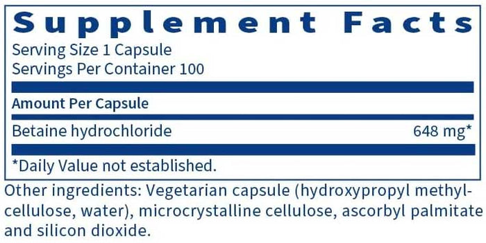 SFI HEALTH (Klaire Labs) Betaine HCl Ingredients