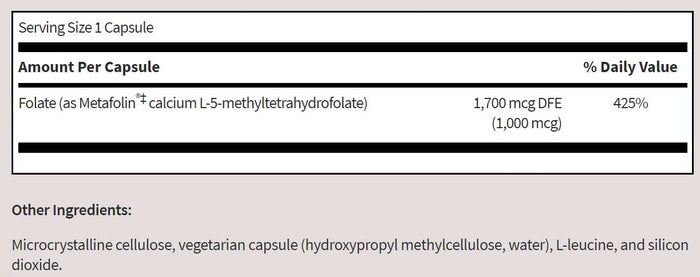 SFI HEALTH (Klaire Labs) L-Methylfolate Ingredients