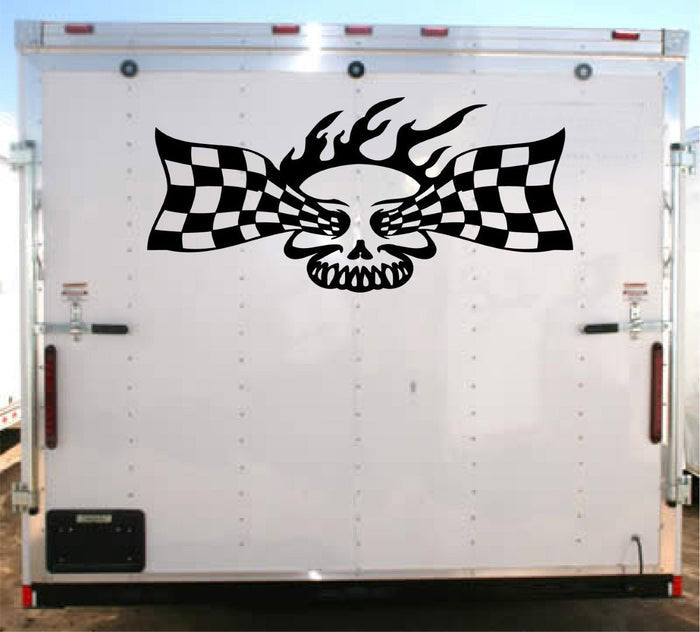 Skull Checkered Flag Vinyl Decal with Custom Text for Trailers - YT501