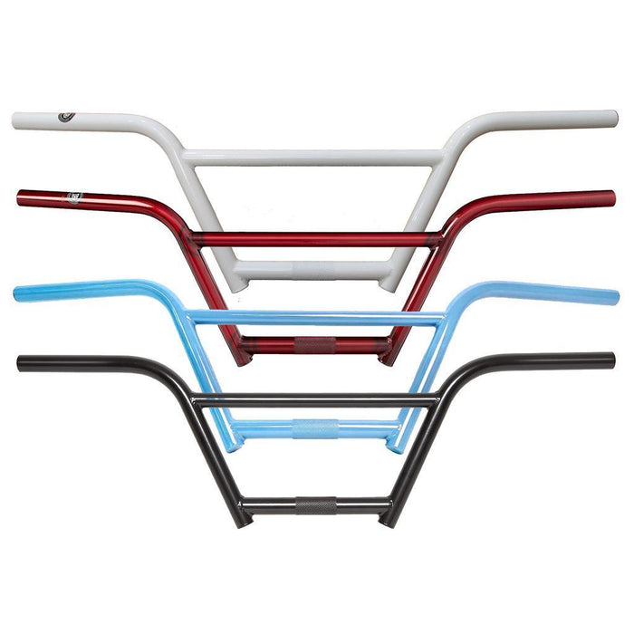 Four S&M Cruiser Bars / 4 Piece (22.2mm Clamp) handlebars in different colors—white, red, light blue, and black—are stacked vertically and displayed against a plain white background. These BMX bike handlebars are crafted to offer both style and performance for your ride.