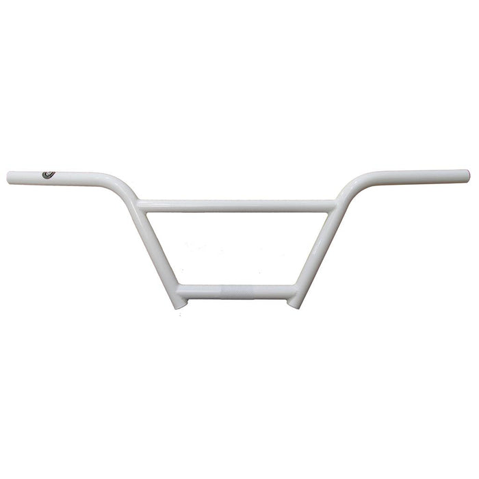 Featuring a white finish and a straight crossbar with slight upward angles at the ends, the S&M Cruiser Bars / 4 Piece (22.2mm Clamp) handlebars are photographed against a plain white background.