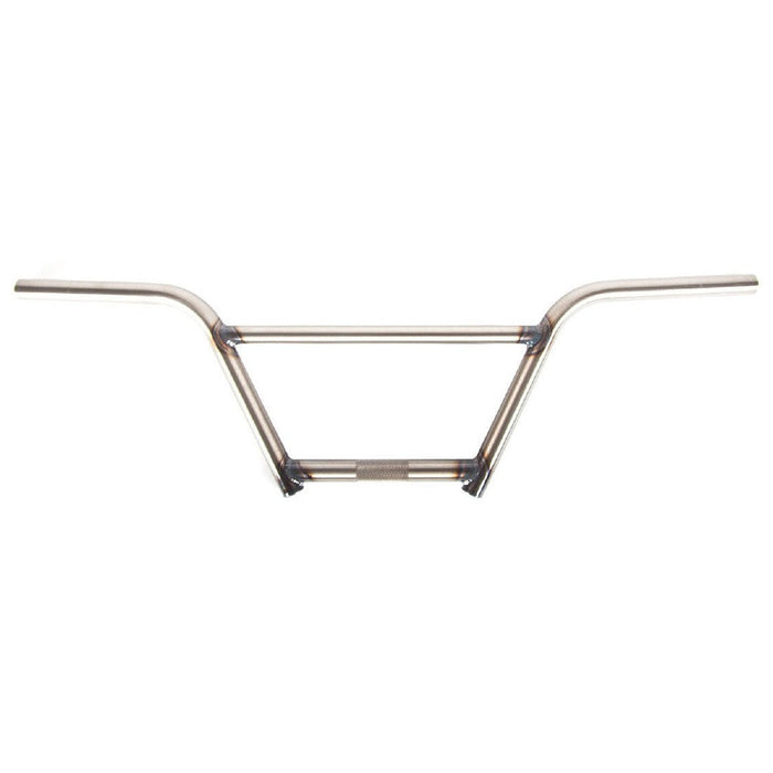 The S&M Cruiser Bars / 4 Piece (22.2mm Clamp) are silver BMX bike handlebars featuring a crossbar and knurled grip area for enhanced strength and style, shown against a white background.