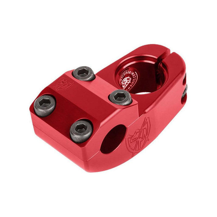 The S&M Enduro V2 Stem (22.2mm Clamp) is a red BMX stem with a four-bolt top load design and engraved logo, engineered to securely attach your handlebars to the fork steerer tube.
