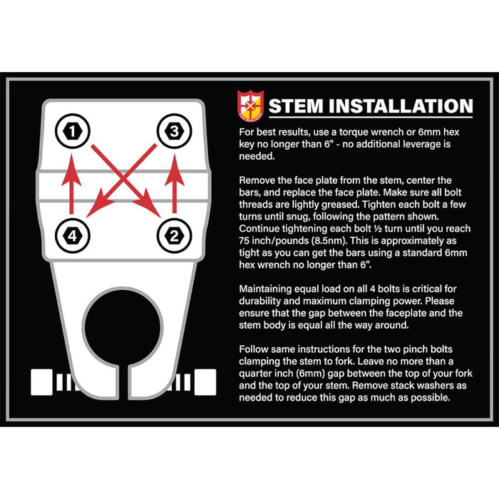 Diagram showing a four-step sequence for tightening bolts on the S&M Enduro V2 Stem (22.2mm Clamp) face plate, specifically demonstrating the correct bolt tightening order for a top load stem. Includes text instructions for proper installation, using the S&M Enduro V2 as an example.