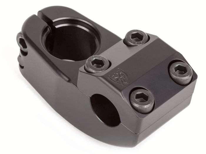 The S&M Enduro V2 Stem (22.2mm Clamp) is a black BMX top load stem featuring four hex bolts on the front clamp and a single clamp for attaching to the fork, photographed on a white background. Part of the ENDURO V2 range, it offers durability and a secure fit for your ride.
