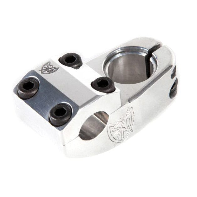 A silver S&M Enduro V2 Stem (22.2mm Clamp) featuring four black bolts and engraved logos, designed to connect the handlebars to the fork on your BMX bike.