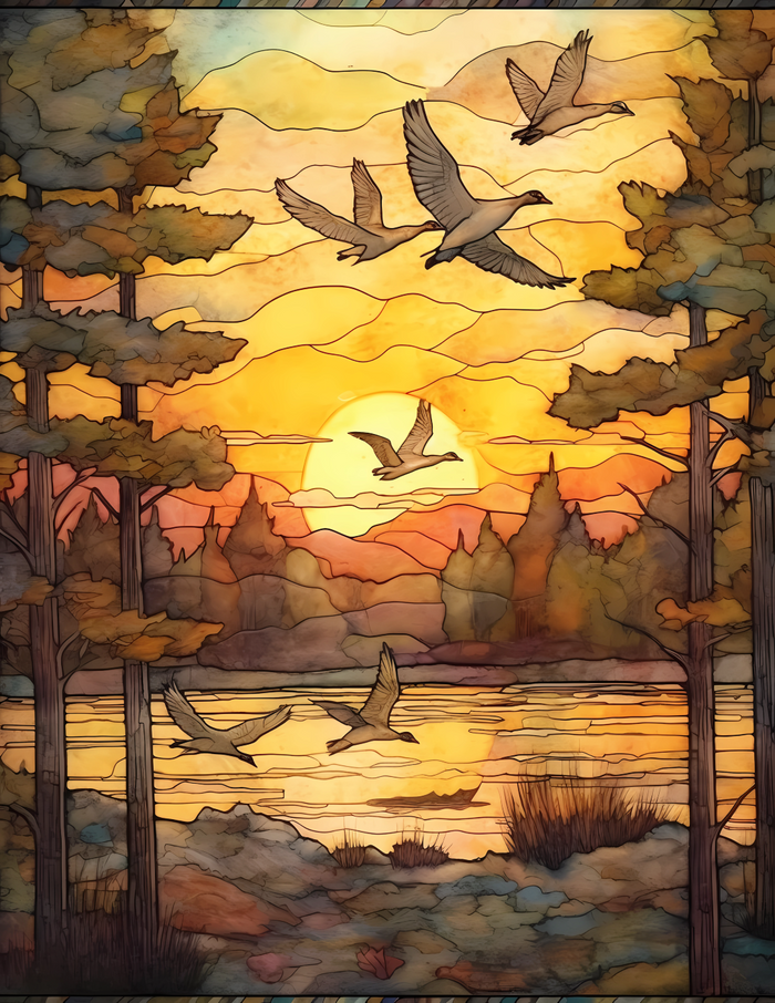 Stained Glass Style Geese Migration Window Cling, 18W x 23.5H inches, Reusable Decorative Glass Decal