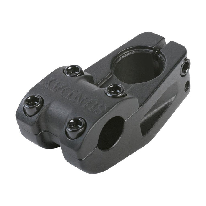 The Sunday Freeze T/L Stem (22.2mm Clamp) is a black top-load BMX stem featuring six hex bolts and “SUNDAY” engraved on the top, designed as part of the Sunday Bikes Freeze stem collection.