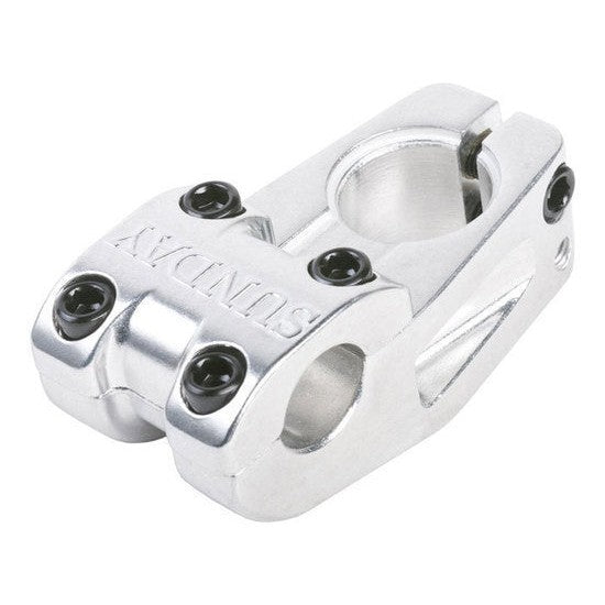 A Sunday Freeze T/L Stem (22.2mm Clamp) in silver, this top-load BMX stem features four black bolts and is engraved with “SUNDAY” on the front.