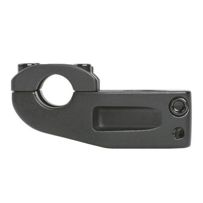 The Sunday Freeze T/L Stem (22.2mm Clamp) is a black metal BMX top-load stem designed with a clamp for handlebars and multiple bolt holes, displayed from the side against a white background. Featuring a style similar to popular BMX components, it offers both durability and reliable performance.