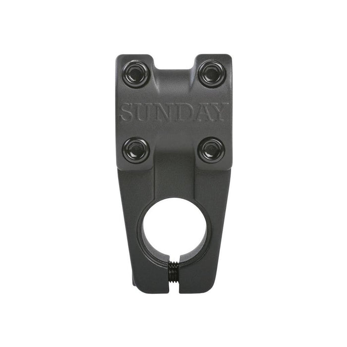 The Sunday Freeze T/L Stem (22.2mm Clamp) is a top-load BMX stem featuring four hex bolts on top, “SUNDAY” engraved on the surface, and a central circular opening for handlebar attachment—delivering reliable performance and style.