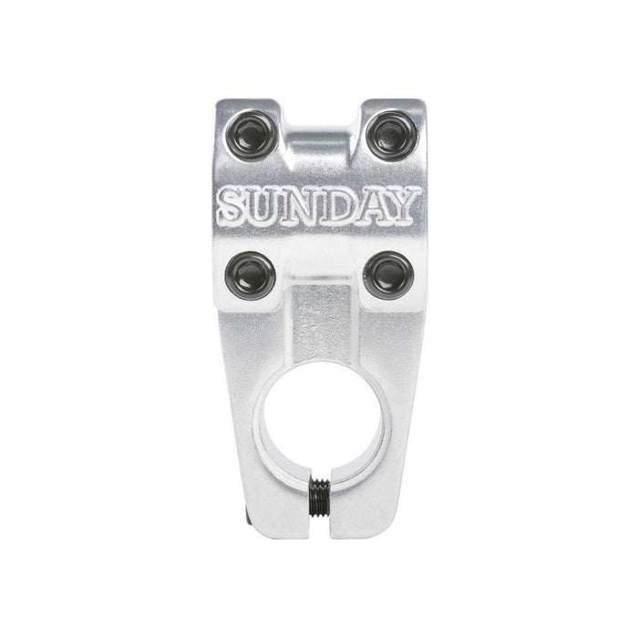 Sunday Freeze T/L Stem (22.2mm Clamp) with four black bolts and “SUNDAY” engraved on the top. This top-load stem features a visible clamp at the bottom, blending sleek design with dependable performance.