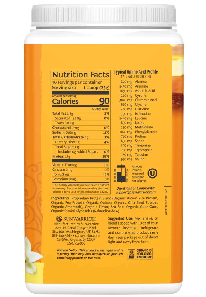 Sunwarrior Protein Classic Plus 750g (30 servings) Ingredients