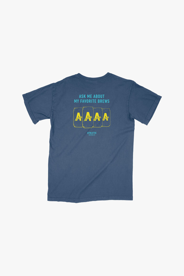 a navy athletic brewing co ambassador t-shirt with cans printed on the back