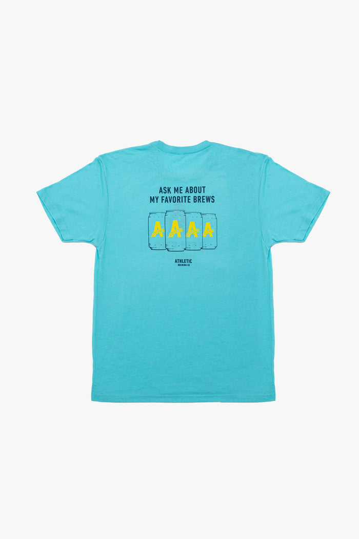 a blue Ambassador t-shirt  with cans printed on the back