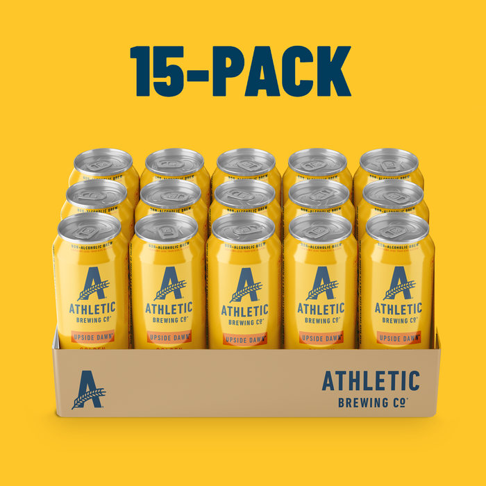 15-pack of Athletic Brewing Co cans on a yellow background